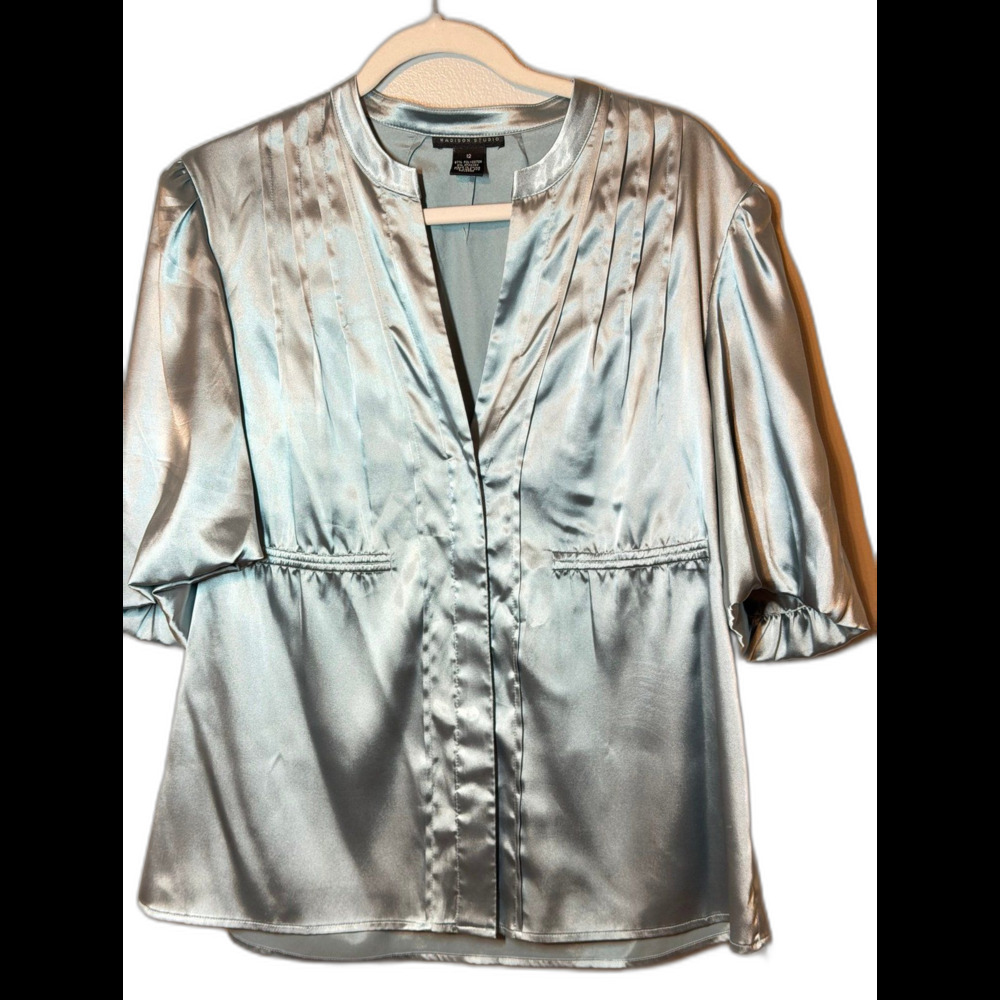Women's Silver Blue Slate Satin Pleated Puff Sleeve Blouse